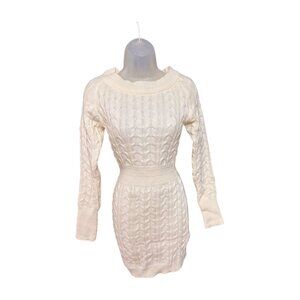 Cable Knit Solid Sweater Dress Bodycon Empire Waist Long Sleeve Crew Neck White